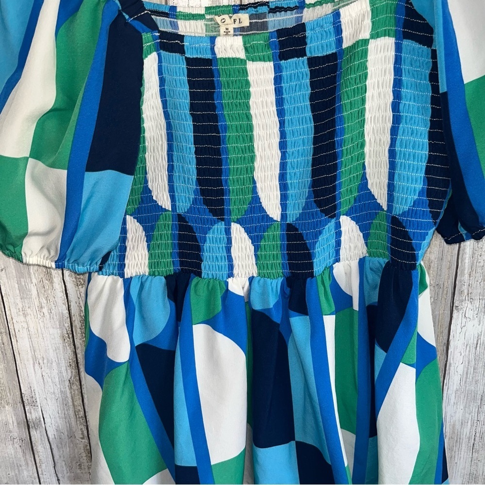 Jodifl Puff Sleeve Smocked Navy Blue Green White Women’s Medium - Picture 4 of 5